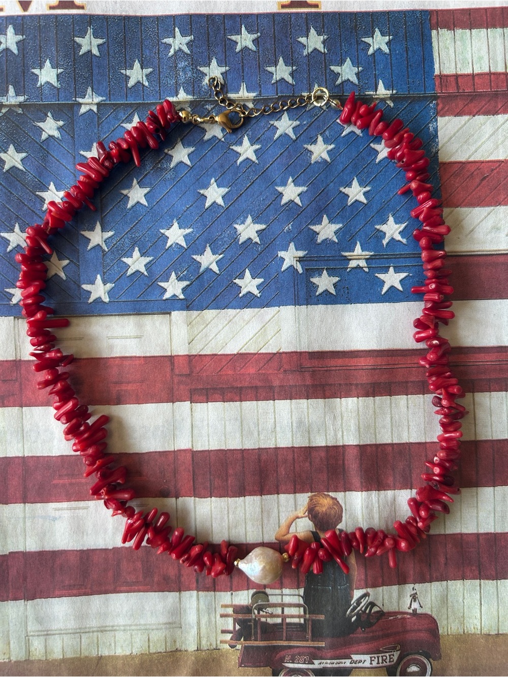 Red Coral Chip Necklace with Pearl Accent - Women Jewelry